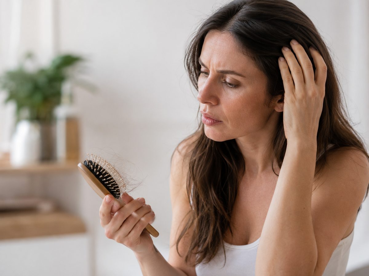 Mulher observando queda de cabelo