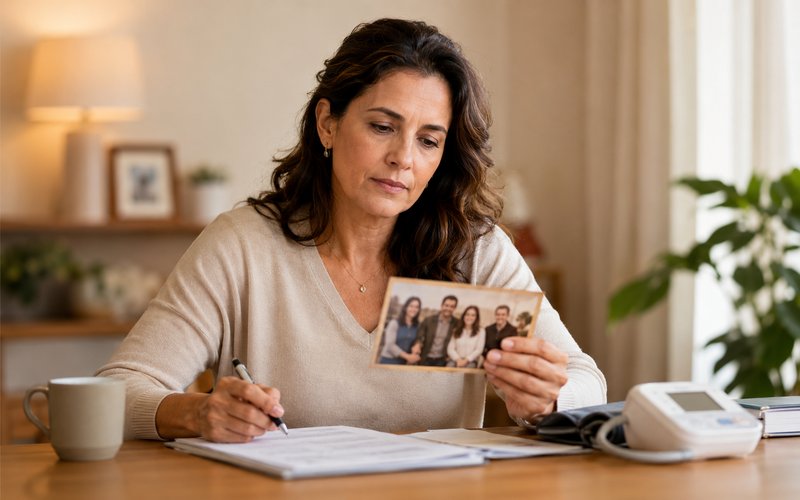 Mulher com retrato de família revisando histórico de doenças cardiovasculares