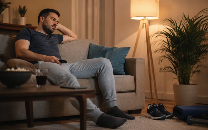 Homem sedentário no sofá — fatores de risco para dislipidemia