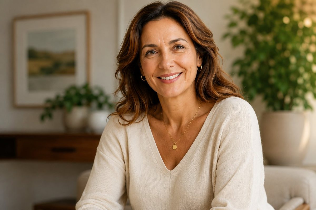 Mulher na faixa dos 50 anos sorrindo — qualidade de vida na menopausa