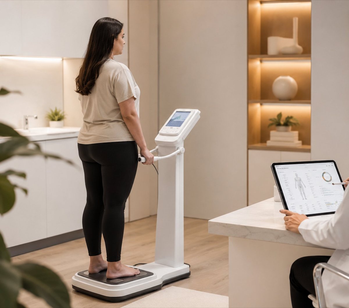 Paciente realizando exame de bioimpedância durante avaliação da obesidade na Clínica Suplena