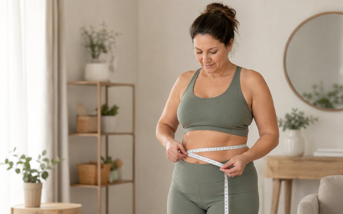 Mulher medindo a circunferência da cintura — avaliação da composição corporal na obesidade