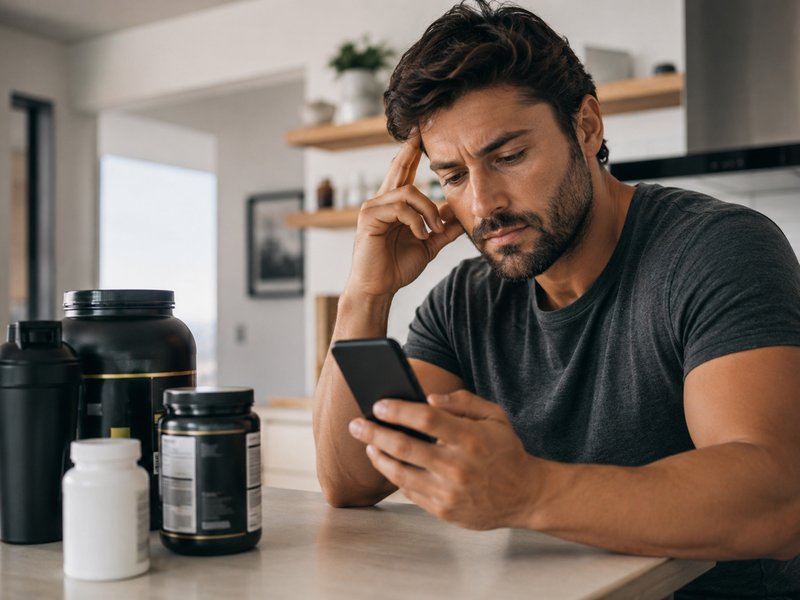 Pessoa com suplementos sem orientação médica — uso inadequado de recursos