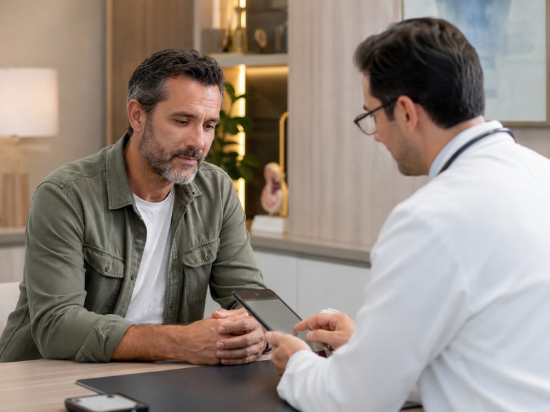 Médico e paciente masculino revisando evolução clínica da reposição hormonal