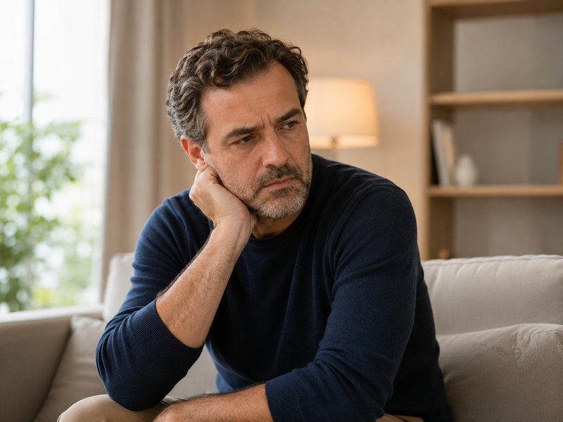 Homem com expressão de irritação ou desânimo — alterações de humor por hipogonadismo