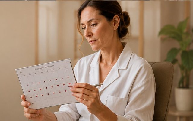 Mulher marcando calendário menstrual — ciclos irregulares na perimenopausa