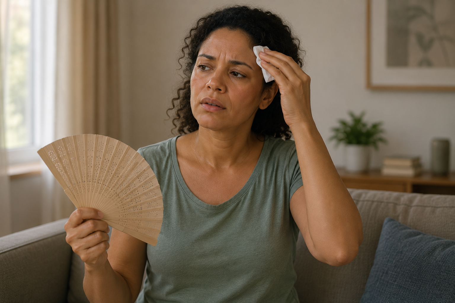 Mulher se abanando durante onda de calor — fogachos na menopausa