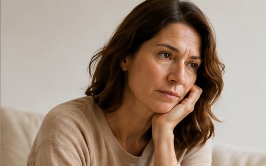 Mulher pensativa no sofá — alterações de humor na perimenopausa