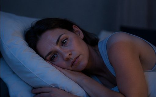 Mulher acordada na cama à noite — insônia na menopausa
