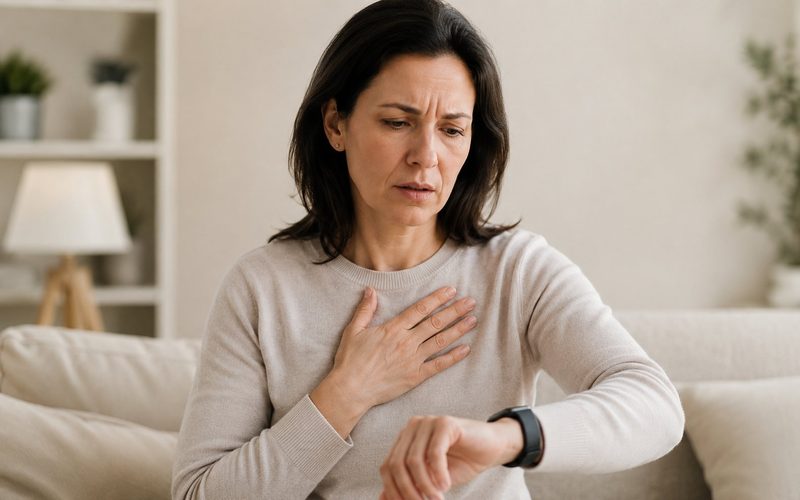 Mulher com palpitação verificando frequência cardíaca — sinal de hipertireoidismo