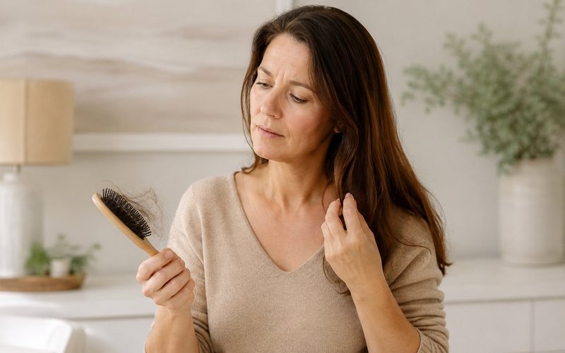 Mulher observando queda de cabelo na escova — sintoma de hipotireoidismo
